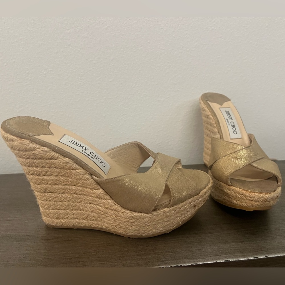 Jimmy Choo Gold Wedge Espadrilles Size 38